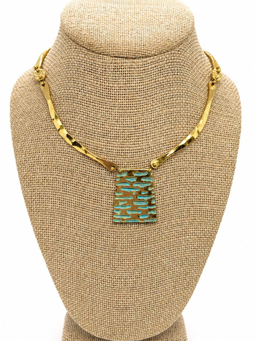 ANNE DICK Necklace Gold Tone Blue Enamel Abstract Torque Collar